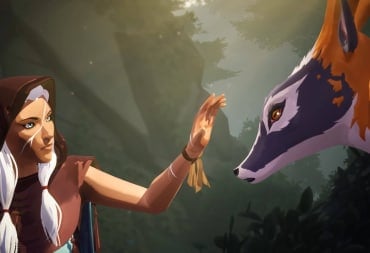 A female character reaching out to touch a deer-like creature's head in Rare's canceled Everwild