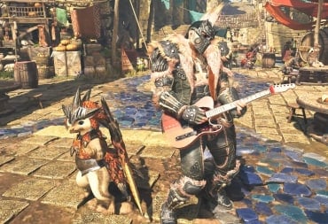 The player playing guitar beside their Palico companion in Monster Hunter Wilds
