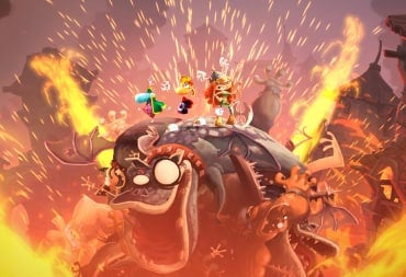 Rayman and two of his friends rocking out atop a huge winged enemy in Rayman Legends